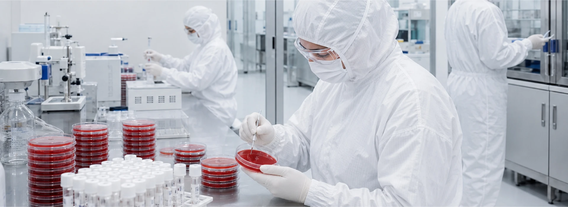 Kalibre steril laboratuvarında mikrobiyoloji besiyeri kalite kontrolü yapan uzmanlar
